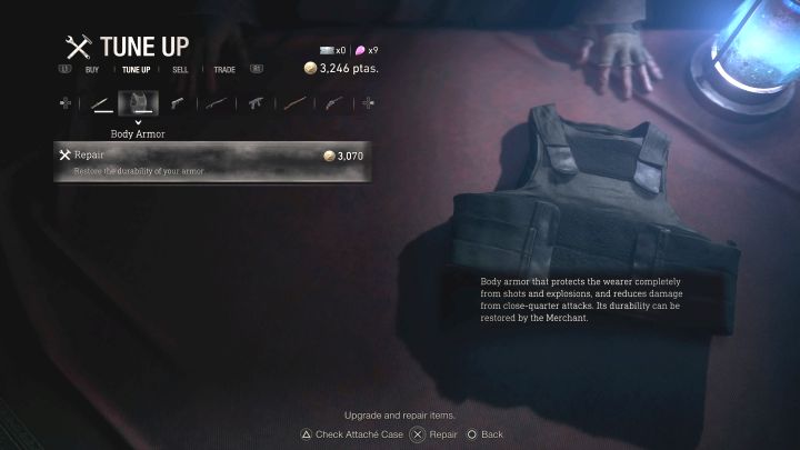 Sie können die Rüstung beim Händler reparieren – gehen Sie zur Registerkarte „Tune Up“ und dann zu „Body Armor“ – Resident Evil 4 Remake: Können Sie Rüstungen verwenden?  - Ausrüstung - Resident Evil 4 Remake Guide
