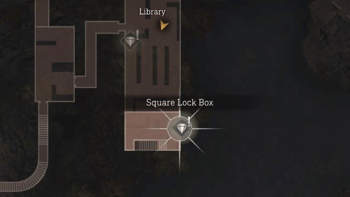 Diese Schließbox befindet sich am südlichen Ende der Bibliothek – Resident Evil 4 Remake: Karte mit quadratischen Schließfächern und kubischen Geräten – Secrets – Resident Evil 4 Remake Guide