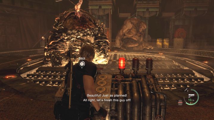 Greifen Sie schnell zum Hebel und halten Sie die Interaktionstaste gedrückt – Resident Evil 4 Remake: Wie besiegt man die Bosse von Dos Gigantes?  - Bosse – Resident Evil 4 Remake Guide