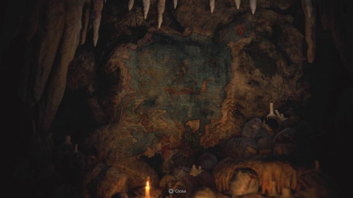Im nächsten Teil der Höhle finden Sie ein Wandgemälde mit einer Karte des Sees. Sie erfahren, dass Sie den Großen Höhlenschrein (südwestlicher Teil des Sees) und den Kleinen Höhlenschrein (nordöstlicher Teil des Sees) besuchen müssen. - Resident Evil 4 Remake: Erwerb des Kirchenschlüssel-Rätsels (Kapitel 4).  - Rätsellösungen - Resident Evil 4 Remake Guide
