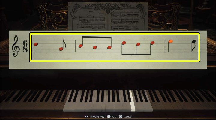 Observe the dots that appear on the notes, which are a huge help as far as the correctness of the key selection is concerned - Resident Evil Village: Castles Courtyard - walkthrough - Dimitrescu Castle - Resident Evil Village Guide
