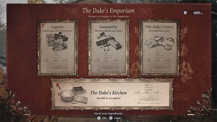Wenn Sie das Dorf zum zweiten Mal besuchen (nach Ihrer Rückkehr aus der Burg), werden Sie eine neue Option zur Interaktion mit Duke, dem Händler, freischalten – The Duke's Kitchen – Resident Evil Village: Wounds – wie kann man heilen?  - FAQ – Resident Evil Village Guide