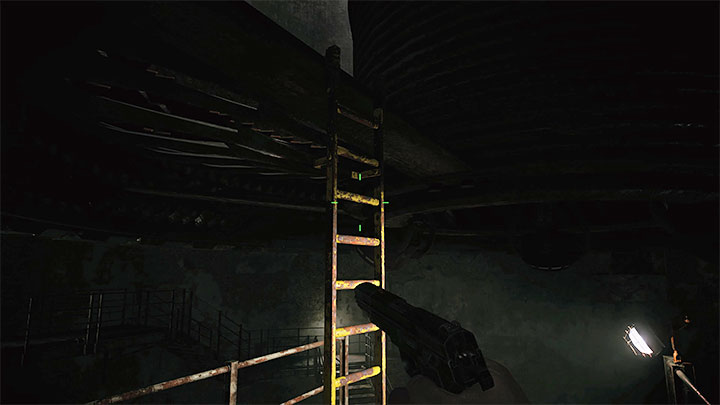 Once the giant blade is disabled, you will be able to use the previously unavailable ladder - Resident Evil Village: Exploring floor B3 - walkthrough - Factory - Resident Evil Village Guide