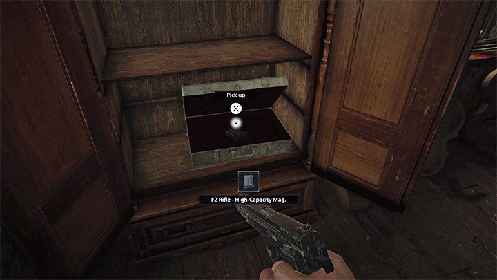 The sniper rifle upgrade - F2 Rifle High Capacity Mag - is in the place where the Maestro's Collection gold chest is marked on the map - Resident Evil Village: Weapons - list, collectibles - Secrets & Collectibles - Resident Evil Village Guide