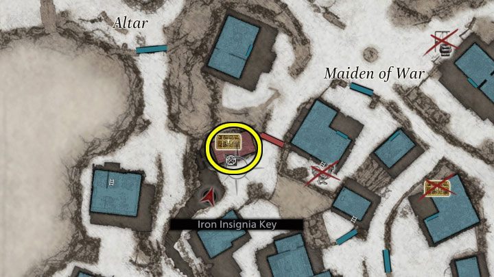 The weapon you are looking for is inside the hut shown in the images - a golden Waterwheel Weapon chest icon is next to it - Resident Evil Village: Weapons - list, collectibles - Secrets & Collectibles - Resident Evil Village Guide