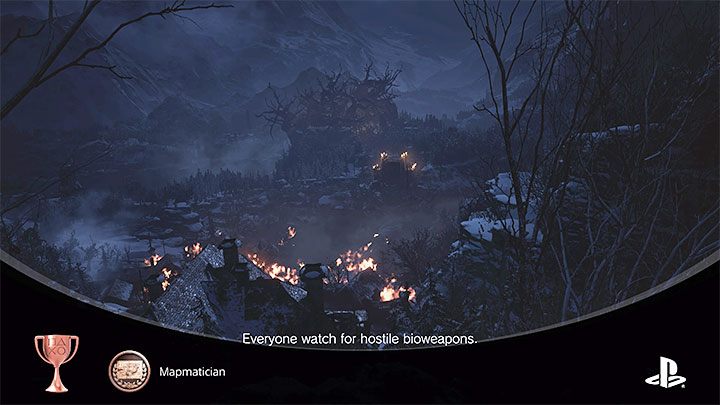 You can only receive the trophy after advancing to the finale, specifically after reaching the vicinity of the burning village (image above) - Resident Evil Village: Trophies/Achievements list - Appendix - Resident Evil Village Guide