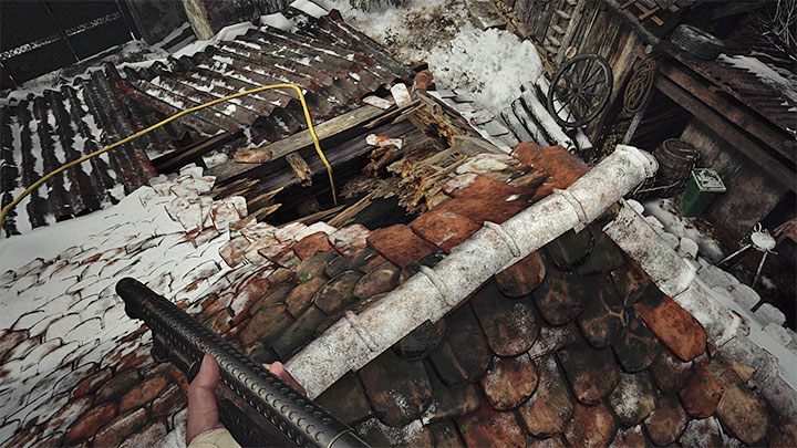 You need to locate the ladder again, this time to get to the roof of the building you are looking for and to get inside by jumping through the large hole in the roof - Resident Evil Village: Finding the house with the red chimney - walkthrough - Village - 2nd visit - Resident Evil Village Guide