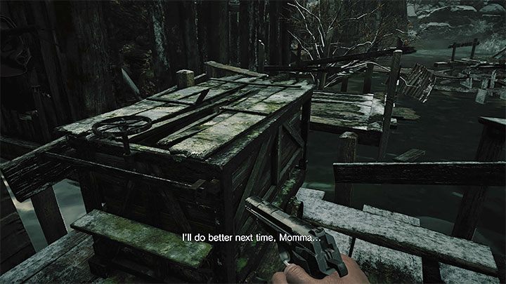 Once again, you'll have to run across wooden footbridges floating on the water and avoid being eaten by the giant fish that is hunting Ethan - Resident Evil Village: Going through the reservoir, avoiding the fish - walkthrough - Fortress - Resident Evil Village Guide