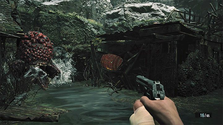 If you don't have any mines in your inventory (and you can't craft any more), you can aim for the red barrels - Resident Evil Village: Fighting Moreau and leaving the reservoir - walkthrough - Fortress - Resident Evil Village Guide