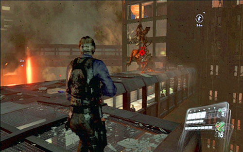 In this phase you have to keep shooting at enemy, while picking up ammo and avoiding deadly attacks - Chapter 5 - The Final Fight with Simmons - Leon's campaign - Resident Evil 6 - Game Guide and Walkthrough