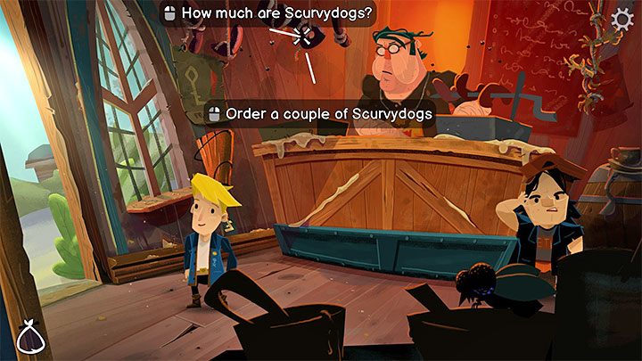 In the store, you can talk to the owner or try to take Scurvydogs - you'll find out that you will have to pay for them - Return to Monkey Island: Prelude - walkthrough - Prelude - An Unexpected Story Begins - Return to Monkey Island Walkthrough