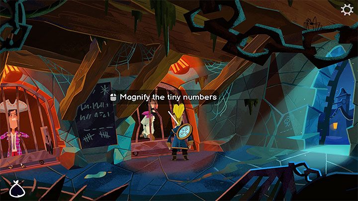 Benutzen Sie das Monokel am Schloss von Otis‘ Zelle – dadurch erhalten Sie die Seriennummer des Schlosses, die Sie benötigen, um einen Nachschlüssel zu erstellen – Rückkehr nach Monkey Island: Holen Sie sich einen Mopp – Komplettlösung – Teil 1 – Ein freundlicher Ort - Komplettlösung „Zurück nach Monkey Island“.