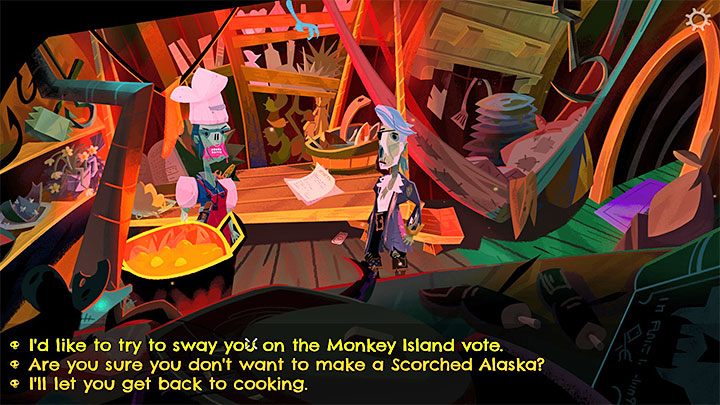 Putras Gunst ist am einfachsten zu bekommen – sie wird auf die gleiche Weise abstimmen wie Iron Rose – Rückkehr nach Monkey Island: Holen Sie sich eine einstimmige Abstimmung – Komplettlösung – Teil 2 – Eine gefährliche Reise – Komplettlösung für Rückkehr nach Monkey Island
