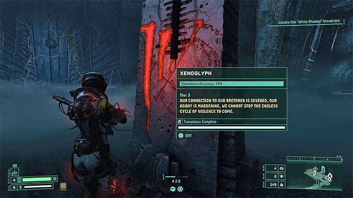 We will get the trophy once we interact with a Xenoglyph to complete the translation after we have discovered enough ciphers (our progress is preserved even after restarting the cycle) - Returnal: Trophies - list - Appendix - Returnal Guide