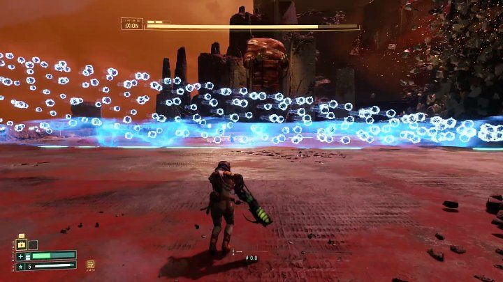 If you lose sight of Ixion, it is a sign that he will soon begin to quickly fly over the arena - each such flight produces a band of energy orbs in the middle of the battlefield,as well as two blue waves which will diverge to the sides - Returnal: Ixion - boss, how to defeat? - Bosses - Returnal Guide