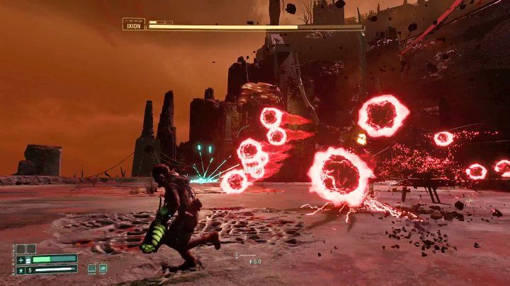 If Ixion begins to prepare for a jump, it is a sign that he's about to throw himself at Selene, and he will cause an additional explosion of red energy orbs in his landing spot - be prepared to perform a dash sideways and sprint to avoid being hit by the orbs - Returnal: Ixion - boss, how to defeat? - Bosses - Returnal Guide
