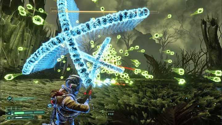 During the third phase of the fight, the boss will start shooting rows of projectiles in an X shape - Return: Hyperion - boss, how to defeat? - Bosses - Returnal Guide