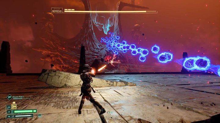 Nemesis will shoot a series of blue spheres, which the boss can steer slightly to the sides, so it's very important to stay in constant motion to avoid getting hit - Return: Nemesis - boss, how to defeat? - Bosses - Returnal Guide