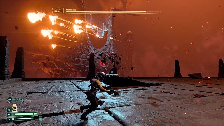 Nemesis can also convert energy into a series of small orange projectiles that move at high speed and can slightly change their flight direction near the end - Return: Nemesis - boss, how to defeat? - Bosses - Returnal Guide