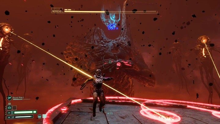 At some point, two creatures will fly into the arena and begin to concentrate energy on the ground, each causing three waves of red energy to spread out in all directions - Return: Nemesis - boss, how to defeat? - Bosses - Returnal Guide