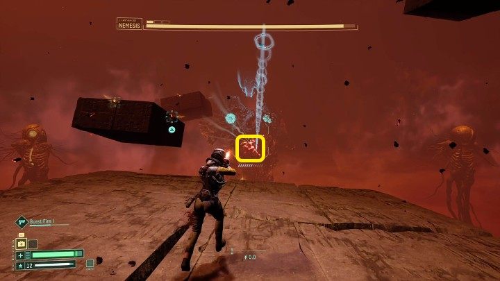 The boss's weak point is still in the same spot - you need to focus all your firepower on the bright red point - Return: Nemesis - boss, how to defeat? - Bosses - Returnal Guide
