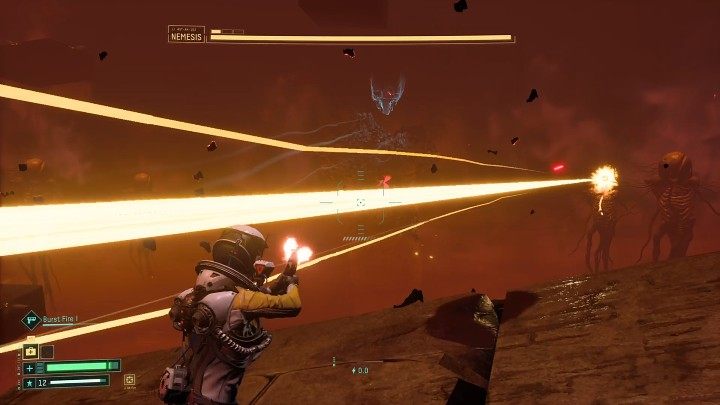 At random moments, the creatures levitating on either side of the boss will join the fight and send yellow or red laser beams towards Selene - Return: Nemesis - boss, how to defeat? - Bosses - Returnal Guide