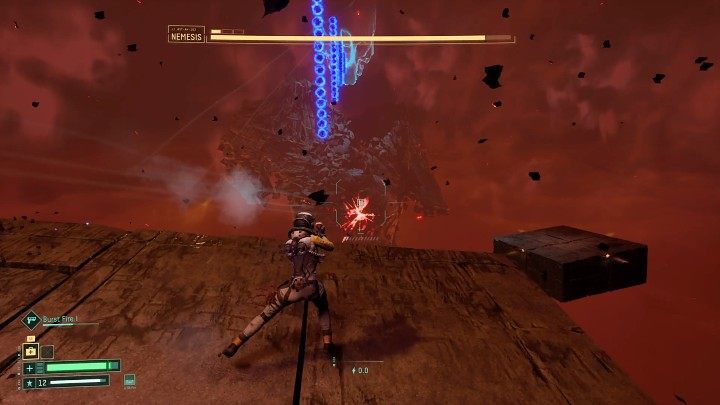 Nemesis can now fire vertical columns of blue energy orbs that they can also move to the sides - Return: Nemesis - boss, how to defeat? - Bosses - Returnal Guide