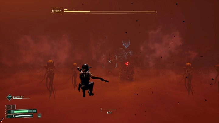 When the boss's health drops to about 1/3rd, Nemesis will push Selene away a considerable distance - Return: Nemesis - boss, how to defeat? - Bosses - Returnal Guide