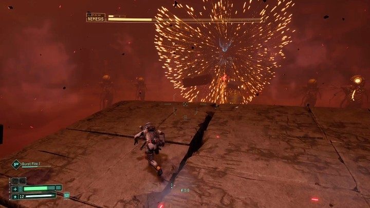 At this stage of the battle, Nemesis will start creating a cloud of small orange projectiles that fly at very high speed - Return: Nemesis - boss, how to defeat? - Bosses - Returnal Guide