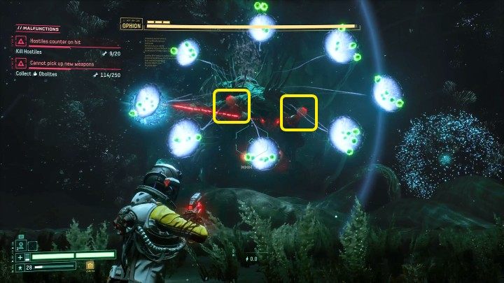 During the fight with Ophion, you should target the weak point marked in the above picture - Return: Ophion - boss, how to defeat? - Bosses - Returnal Guide