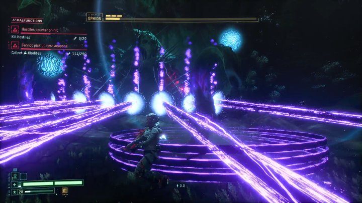 Another skill to watch out for during this clash is the purple rays that cross the arena vertically - just jump between them and wait for them to disappear - Return: Ophion - boss, how to defeat? - Bosses - Returnal Guide