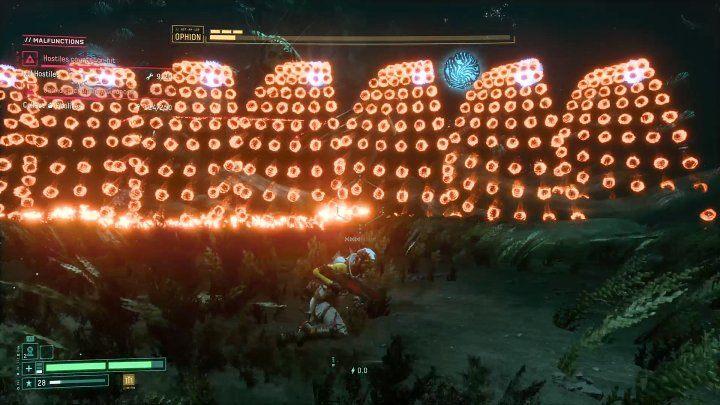 At the end of the first phase of the duel, Ophion can summon portals from which many orange energy orbs will come out - Return: Ophion - boss, how to defeat? - Bosses - Returnal Guide