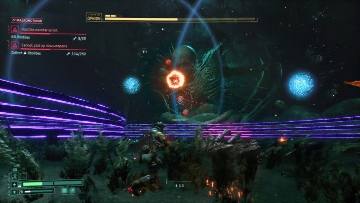 In this phase of the duel, Ophion can not only perform attacks using his long arms ending in sharp claws but also hit the ground, creating two waves of violet-black energy - Return: Ophion - boss, how to defeat? - Bosses - Returnal Guide