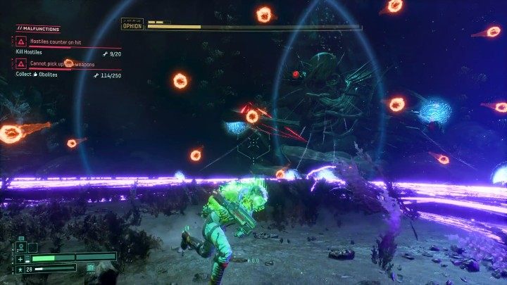 Purple rays can also appear just above the arena and will move in all directions - Return: Ophion - boss, how to defeat? - Bosses - Returnal Guide