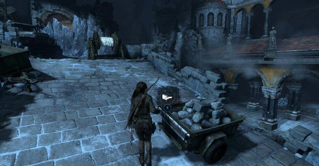 In the middle of the bridge, there is a trailer with stones - Rise of the Tomb Raider: Break through the door, walkthrough - Shortcut - Rise of the Tomb Raider Guide
