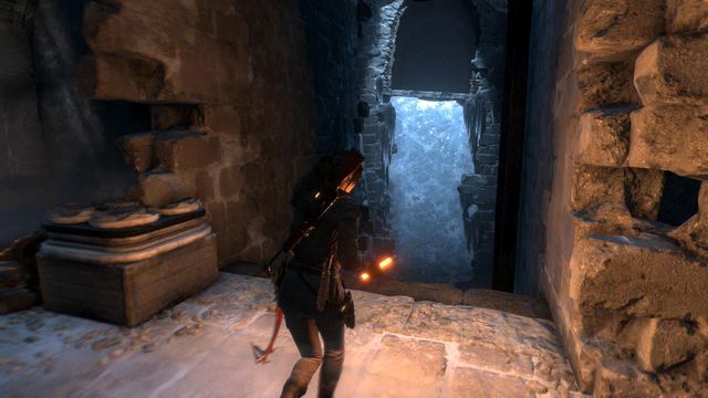After you defeat all of the opponents, on the left you find the chamber exit, over the ice wall - Rise of the Tomb Raider: Break through the door, walkthrough - Shortcut - Rise of the Tomb Raider Guide