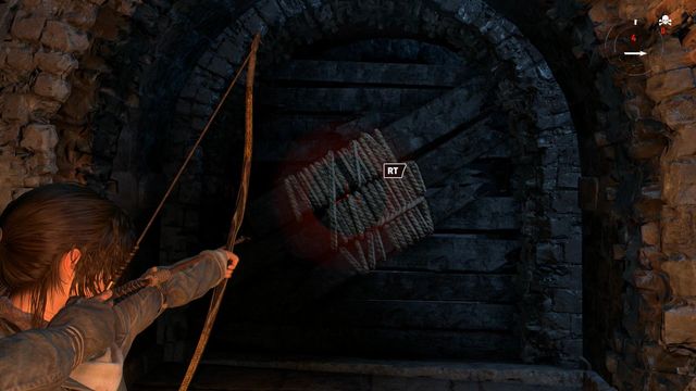 After you climb onto the ice wall, rip out the blockade by pulling on the rope attached to the rope-wound part, with the arrow - Rise of the Tomb Raider: Break through the door, walkthrough - Shortcut - Rise of the Tomb Raider Guide