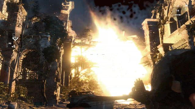 which you are going to use right around the corner, against opponents on the plank above the ground if you want to see a spectacular explosion (although this can be achieved in a number of other ways) - Attack Trinity to lure the helicopter out | To the Tower - To the Tower - Rise of the Tomb Raider Game Guide & Walkthrough