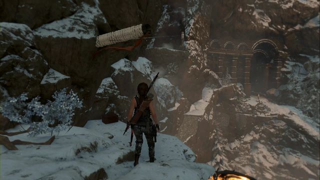 Then, use the rope arrow to get to the net ledge, where you find the relic - Rise of the Tomb Raider: Relics, Soviet Installation secrets, map, tips - Soviet Installation - Rise of the Tomb Raider Guide