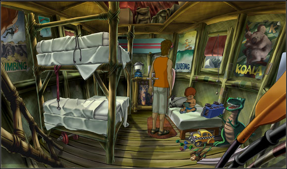 He went to the Knife's hut and looked at the boy's toy - Bringing Aolani back to life - Chapter II: Surfin' Mala - Runaway 2: The Dream of the Turtle - Game Guide and Walkthrough