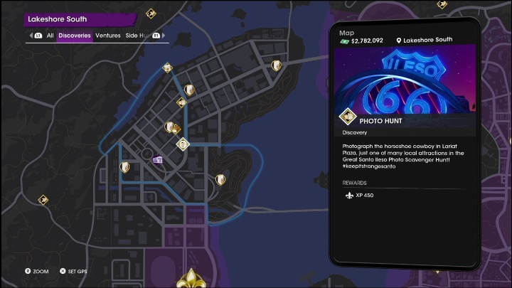This activity is located in the east-central part, near the fast travel point - Saints Row 2022: Discoveries (Lakeshore South) - list and description of activity - Lakeshore South - Saints Row Guide, Walkthrough