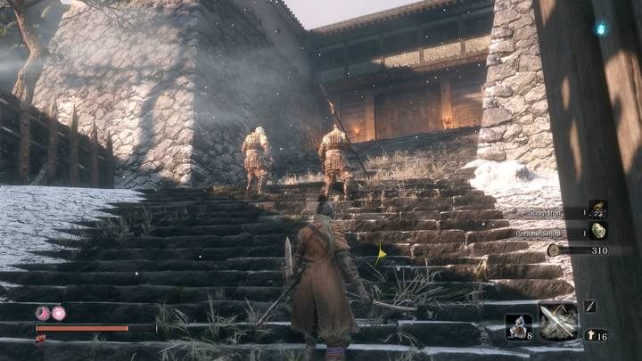 In front of the gate it is worth just to take out two guards - cause they may chase you through the gate, when the boss fight will begin. - Ashina Outskirts | Sekiro Shadows Die Twice Walkthrough - Main story - Sekiro Guide and Walkthrough