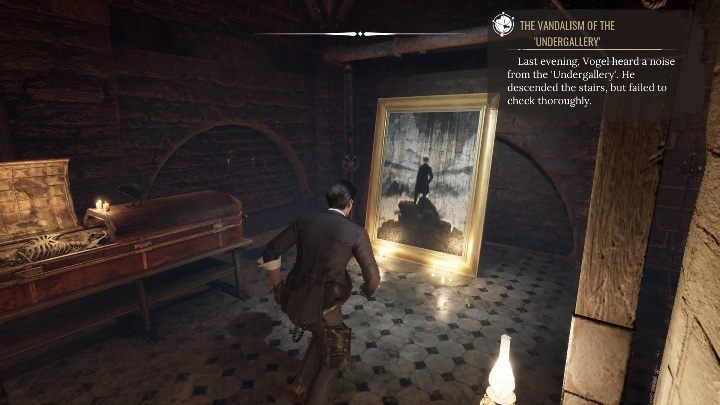 The first painting you need to examine is right next to the coffin - Sherlock Holmes Chapter One: The Muse From Abroad, Art Gallery - walkthrough - Muse from abroad - Sherlock Holmes Chapter One Guide