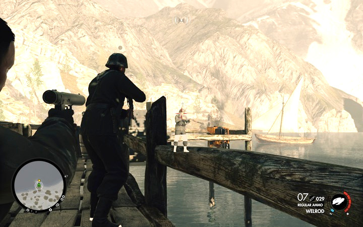 Es gibt zwei Wachen am Pier – erschieße einen von ihnen und töte den anderen mit einem Nahkampfangriff – Kontrollpunkte räumen |  Mission 3 Regilino-Viadukt in Sniper Elite 4 – Mission 3: Regilino-Viadukt – Sniper Elite 4-Spielanleitung