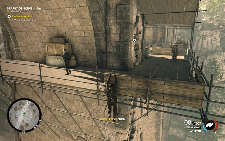 An den Stellen, an denen Bretter auf Mauerwerken liegen, kann man sich daran hängen und hochspringen, um den Feind von hinten zu töten – Sprengung der Brücke mit der Kanone auf Schienen |  Mission 3 Regilino-Viadukt – Mission 3: Regilino-Viadukt – Sniper Elite 4-Spielanleitung