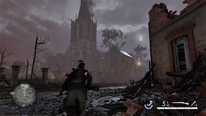 It is in the southern part of the city and is a background to the only side mission of this level - Sniper Elite 5: Map of Mission 8 (Rubble and Ruin) and location description - Mission 8 - Rubble and ruins - Sniper Elite 5 Guide, Walkthrough