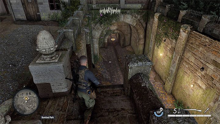 Your task is to locate the entrance to the sewers - it is shown in the pictures above and it is in the northern part of the park - Sniper Elite 5: Infiltrating the U-boot base (Mission 8) - walkthrough - Mission 8 - Rubble and ruins - Sniper Elite 5 Guide, Walkthrough