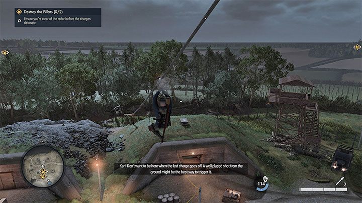 The escape route leads through a rope shown in the screenshot above - you need to slide down using it - Sniper Elite 5: Neutralize Radar (Mission 1) - walkthrough - Mission 1 - Atlantic Wall - Sniper Elite 5 Guide, Walkthrough