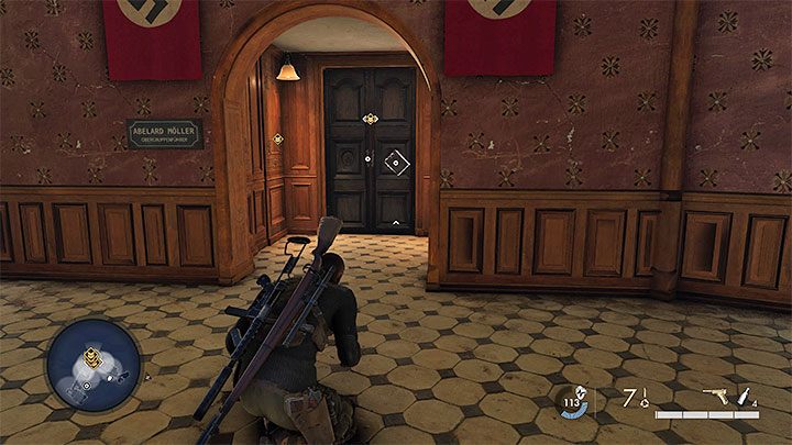 Unfortunately, the door is locked and you cannot use a lockpick on it - Sniper Elite 5: Entering the office and finding Mollers secrets (mission 2) - walkthrough - Mission 2 - Occupied Residence - Sniper Elite 5 Guide, Walkthrough