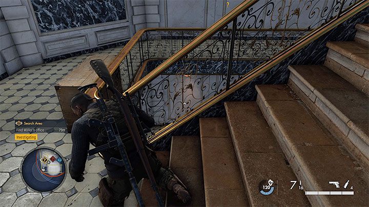 Nachdem Sie die oberen Balkone erreicht haben, gehen Sie nach Osten, um die Treppe zu erreichen – Sniper Elite 5: Kill List Target from mission 2, Friedrich Kummler – Walkthrough – Mission 2 – Occupied Residence – Sniper Elite 5 Guide, Walkthrough